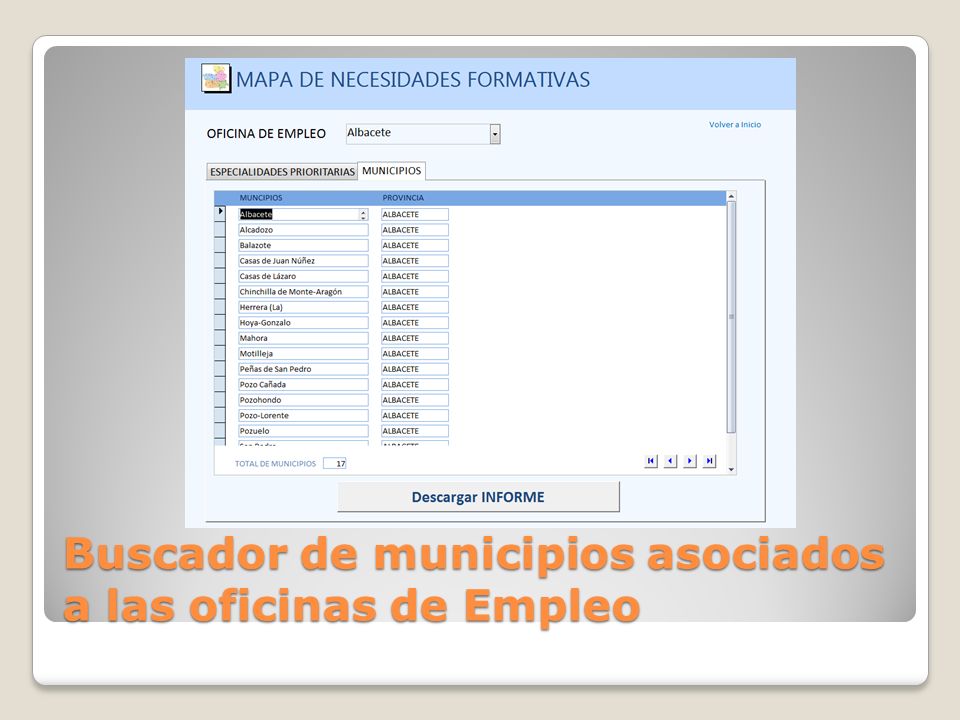 Buscador de municipios asociados a las oficinas de Empleo