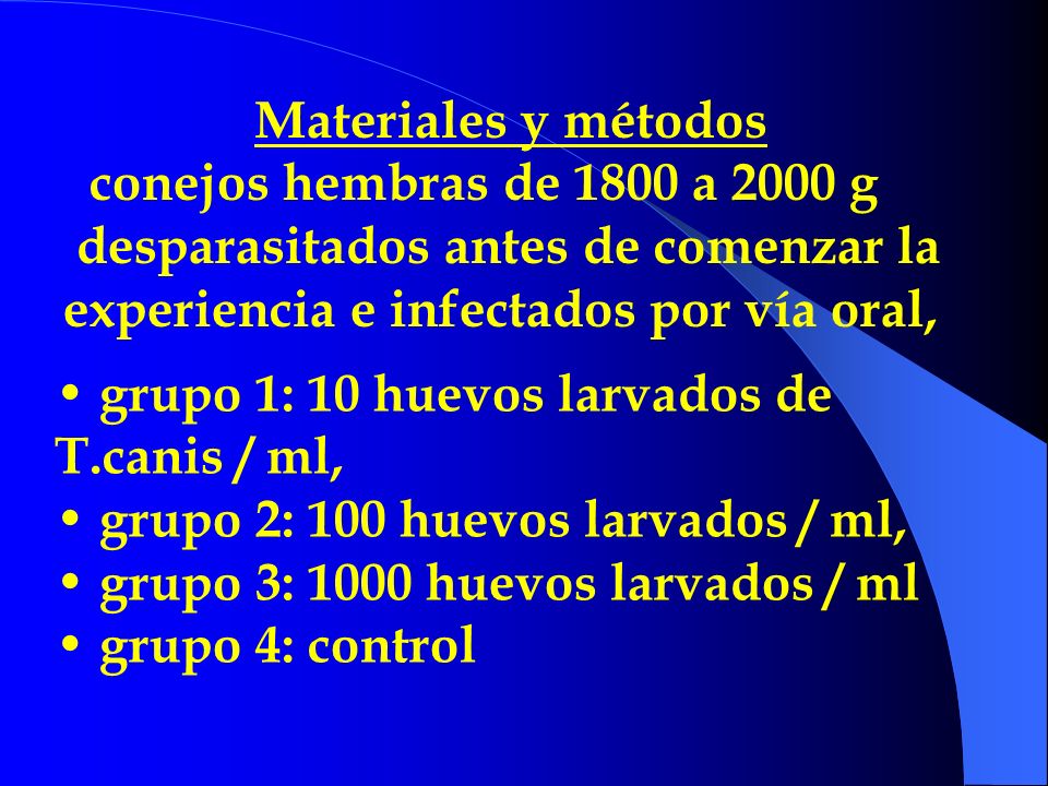 Materiales y métodos conejos hembras de 1800 a 2000 g. desparasitados antes de comenzar la experiencia e infectados por vía oral,