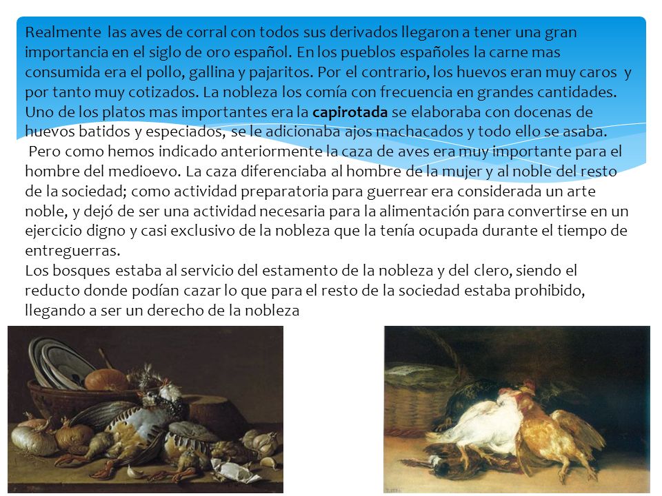 Realmente las aves de corral con todos sus derivados llegaron a tener una gran importancia en el siglo de oro español. En los pueblos españoles la carne mas consumida era el pollo, gallina y pajaritos. Por el contrario, los huevos eran muy caros y por tanto muy cotizados. La nobleza los comía con frecuencia en grandes cantidades. Uno de los platos mas importantes era la capirotada se elaboraba con docenas de huevos batidos y especiados, se le adicionaba ajos machacados y todo ello se asaba.