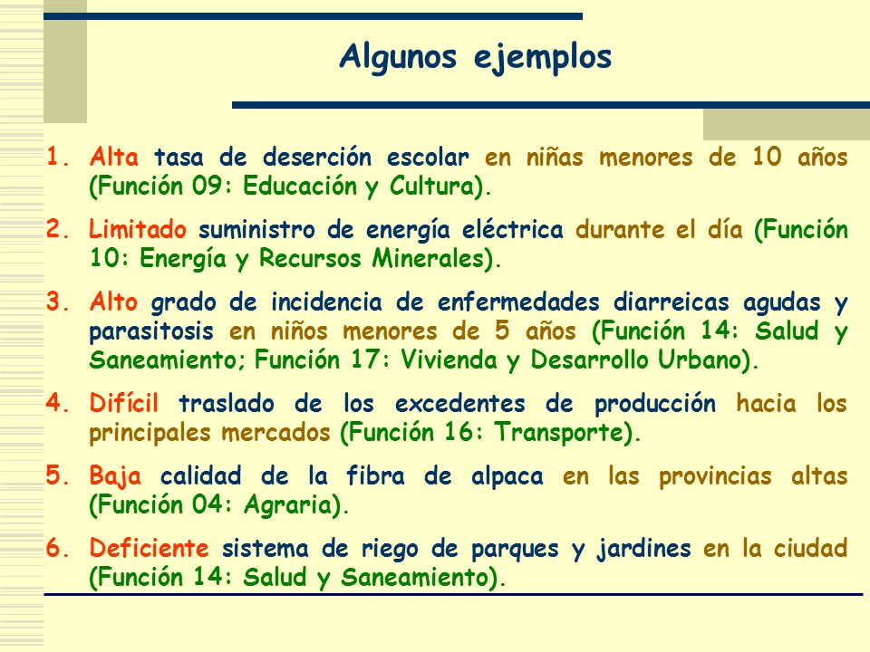 Algunos ejemplos Alta tasa de deserción escolar en niñas menores de 10 años (Función 09: Educación y Cultura).