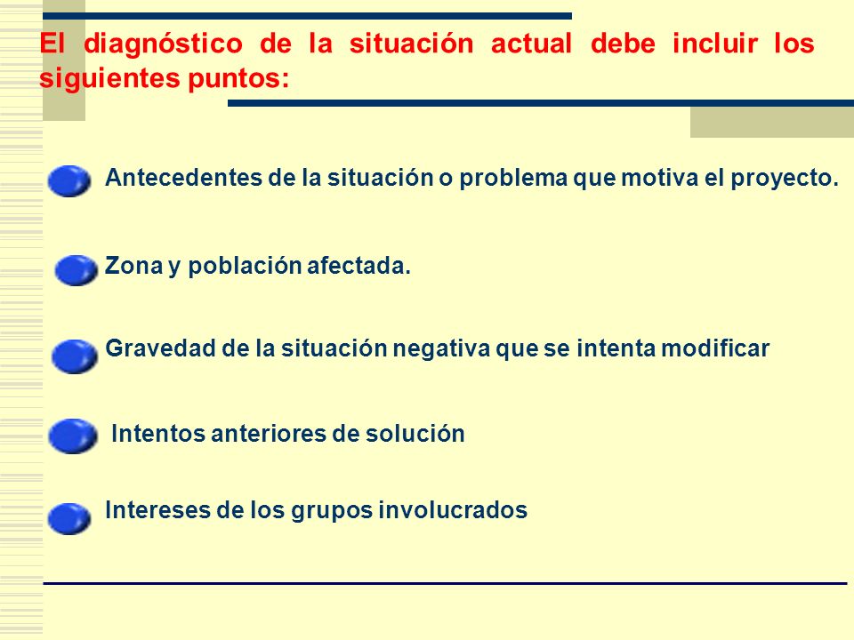 El diagnóstico de la situación actual debe incluir los siguientes puntos: