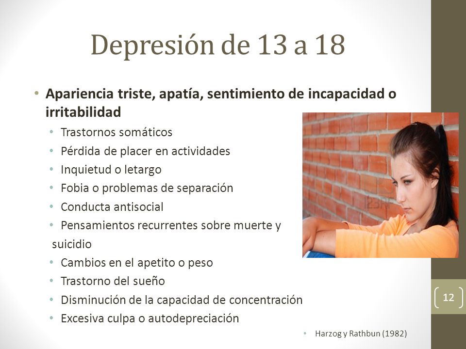 Depresión de 13 a 18 Apariencia triste, apatía, sentimiento de incapacidad o irritabilidad. Trastornos somáticos.