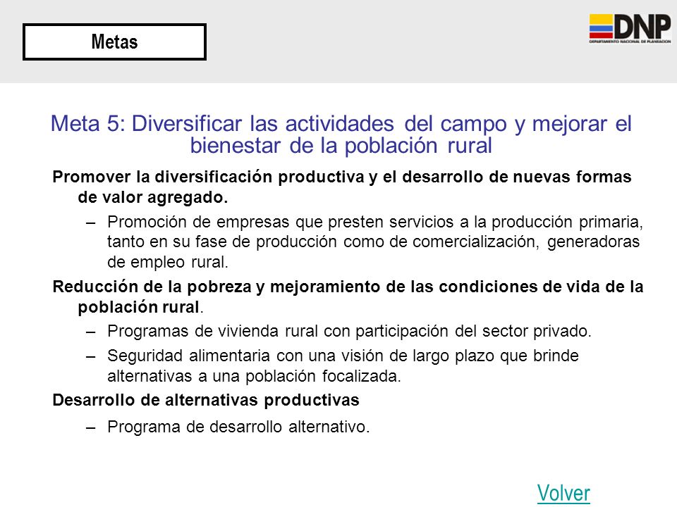 Metas Meta 5: Diversificar las actividades del campo y mejorar el bienestar de la población rural.