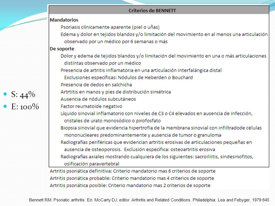 S: 44% E: 100% Bennett RM. Psoriatic arthritis. En: McCarty DJ, editor.