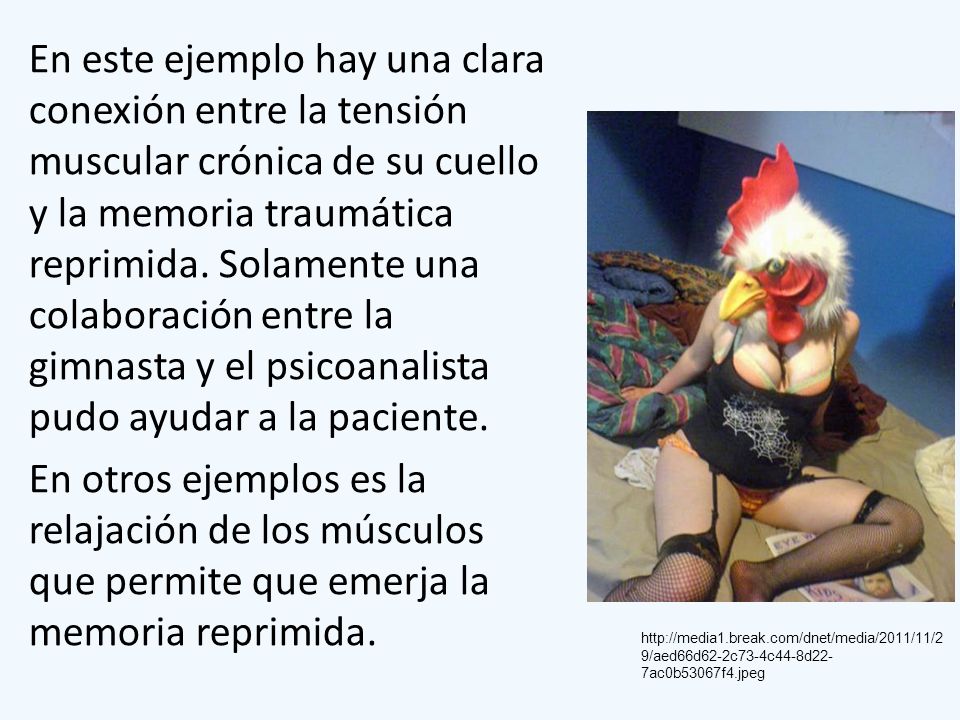 En este ejemplo hay una clara conexión entre la tensión muscular crónica de su cuello y la memoria traumática reprimida. Solamente una colaboración entre la gimnasta y el psicoanalista pudo ayudar a la paciente. En otros ejemplos es la relajación de los músculos que permite que emerja la memoria reprimida.
