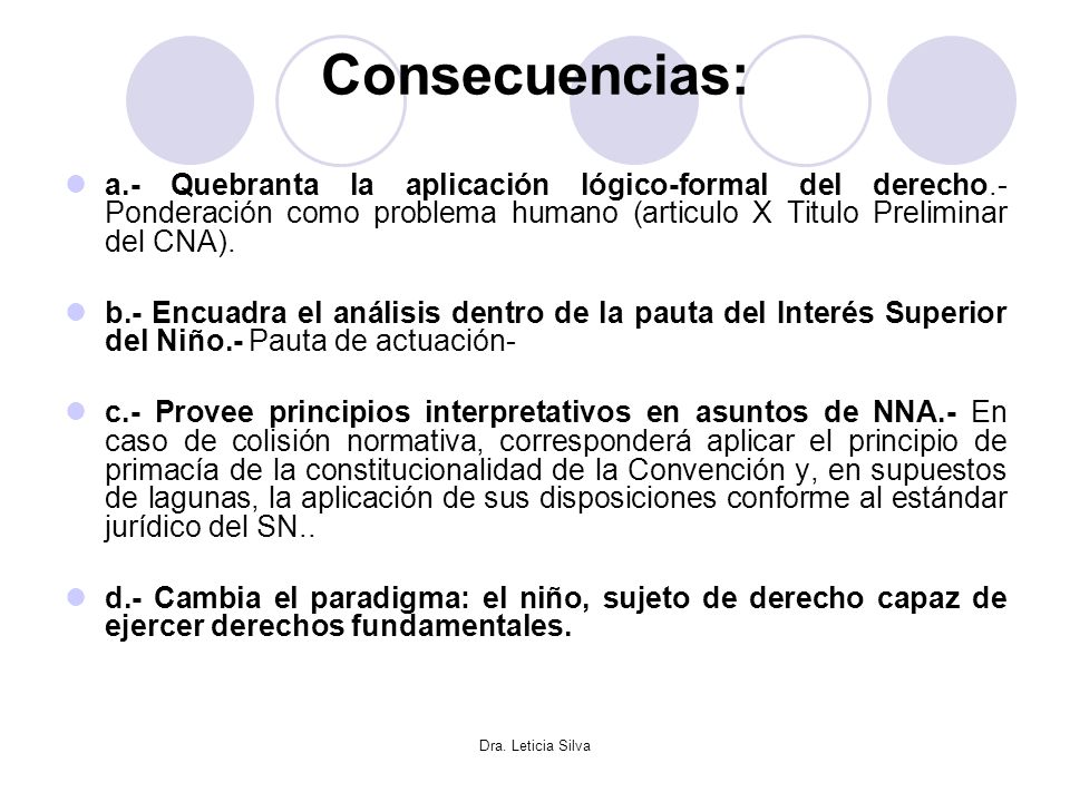 Consecuencias: a.- Quebranta la aplicación lógico-formal del derecho.- Ponderación como problema humano (articulo X Titulo Preliminar del CNA).