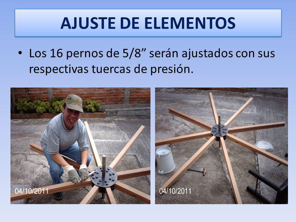 AJUSTE DE ELEMENTOS Los 16 pernos de 5/8 serán ajustados con sus respectivas tuercas de presión.