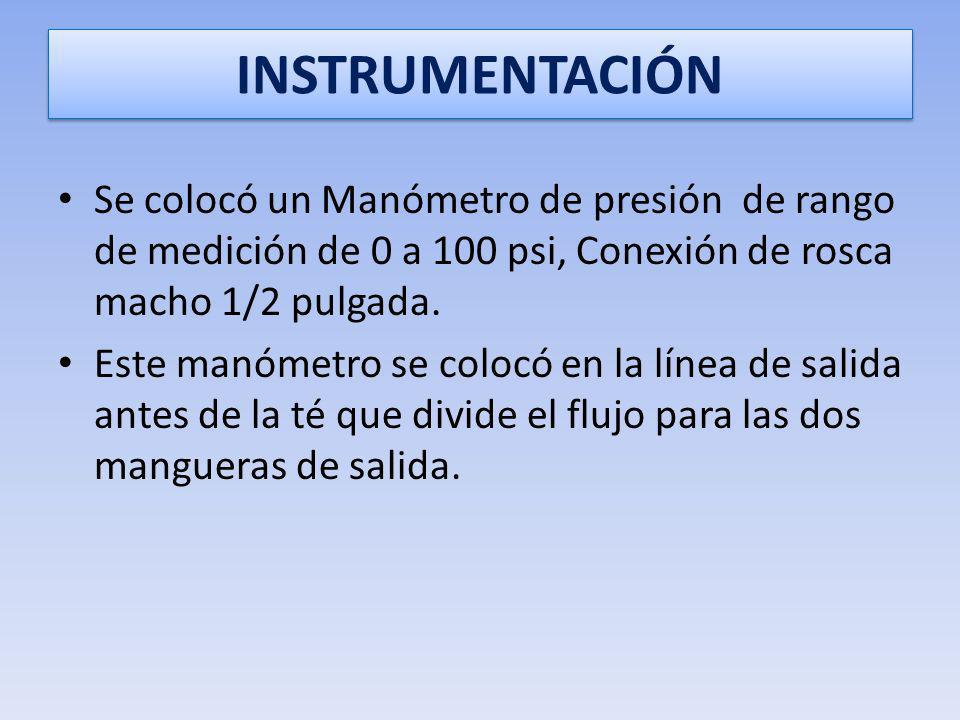INSTRUMENTACIÓN Se colocó un Manómetro de presión de rango de medición de 0 a 100 psi, Conexión de rosca macho 1/2 pulgada.