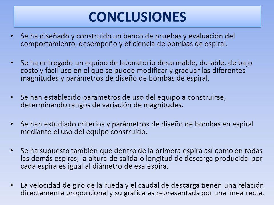 CONCLUSIONES Se ha diseñado y construido un banco de pruebas y evaluación del comportamiento, desempeño y eficiencia de bombas de espiral.