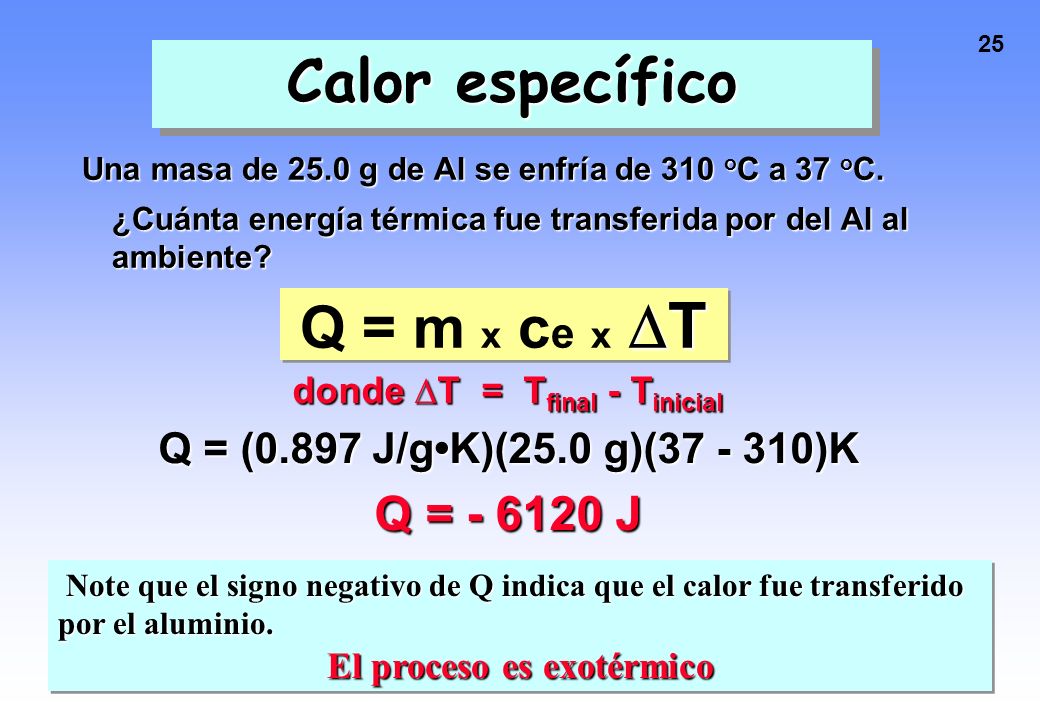 donde ∆T = Tfinal - Tinicial El proceso es exotérmico