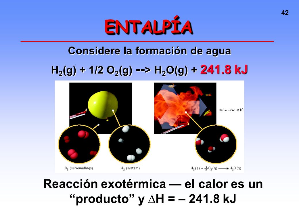 ENTALPÍA Considere la formación de agua. H2(g) + 1/2 O2(g) --> H2O(g) kJ.