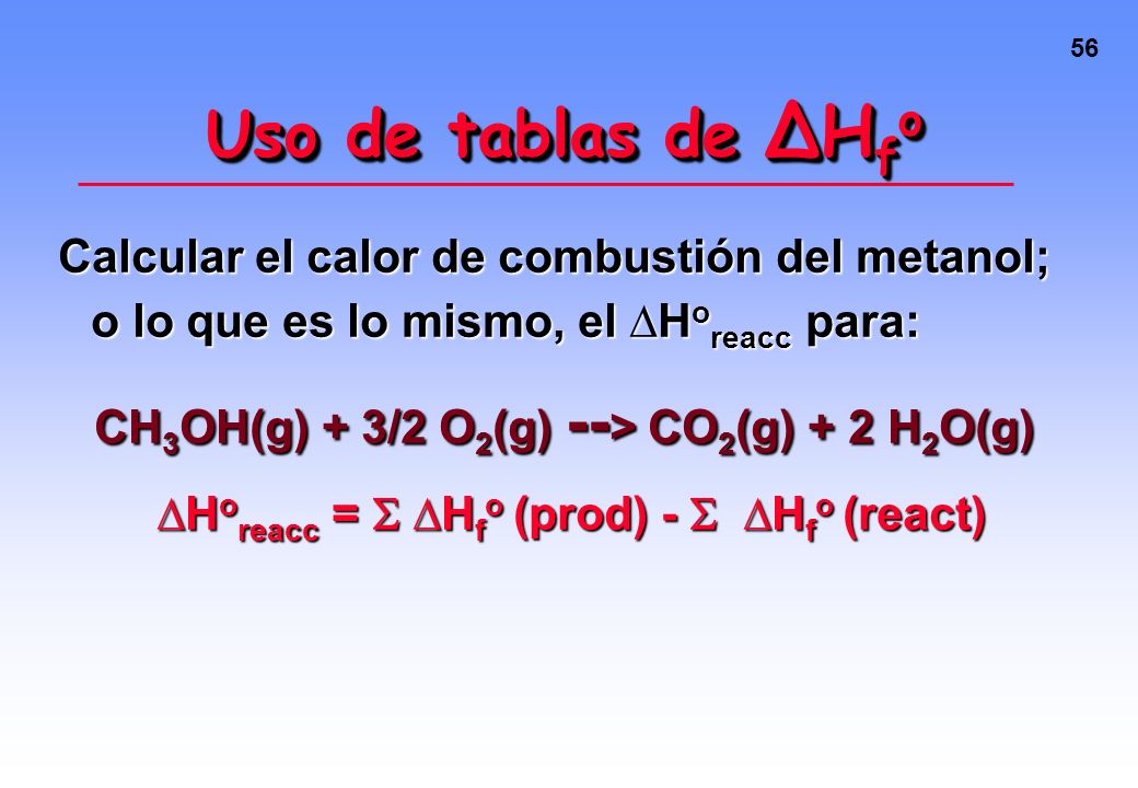 Uso de tablas de ∆Hfo Calcular el calor de combustión del metanol; o lo que es lo mismo, el ∆Horeacc para: