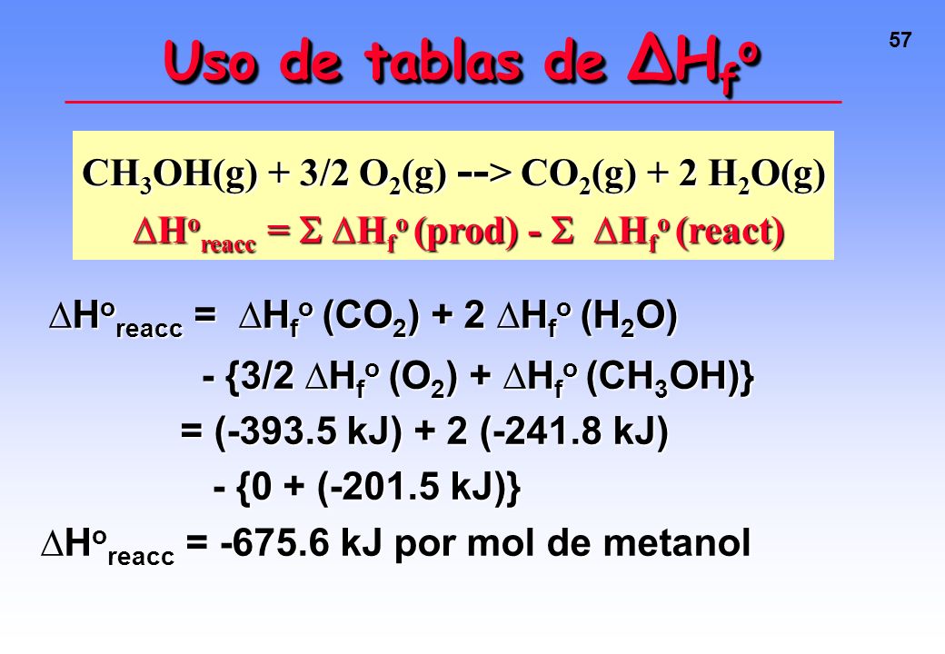 Uso de tablas de ∆Hfo CH3OH(g) + 3/2 O2(g) --> CO2(g) + 2 H2O(g)