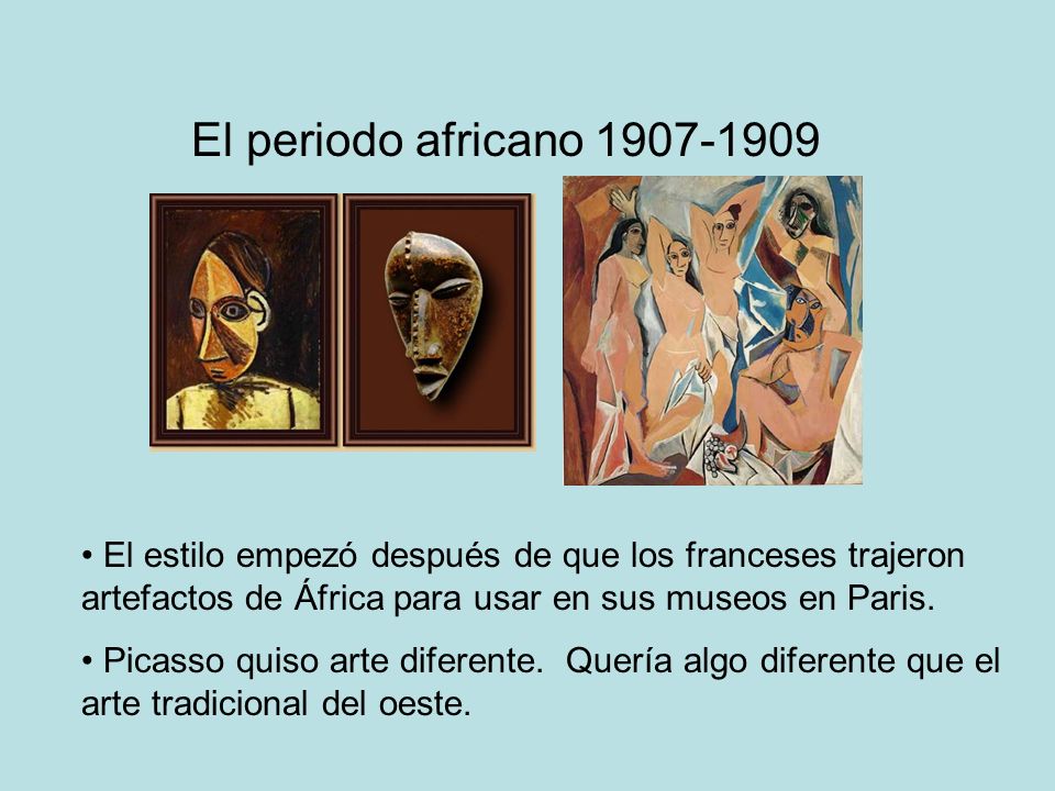El periodo africano El estilo empezó después de que los franceses trajeron artefactos de África para usar en sus museos en Paris.