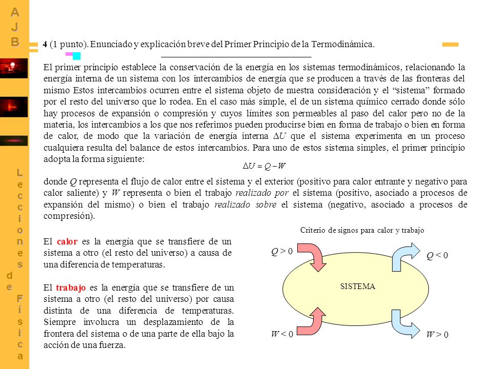 4 (1 punto). Enunciado y explicación breve del Primer Principio de la Termodinámica.