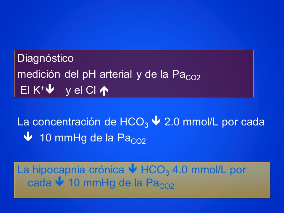 Diagnóstico medición del pH arterial y de la PaCO2 El K+ y el Cl  La concentración de HCO3  2.0 mmol/L por cada  10 mmHg de la PaCO2 La hipocapnia crónica  HCO3 4.0 mmol/L por cada  10 mmHg de la PaCO2