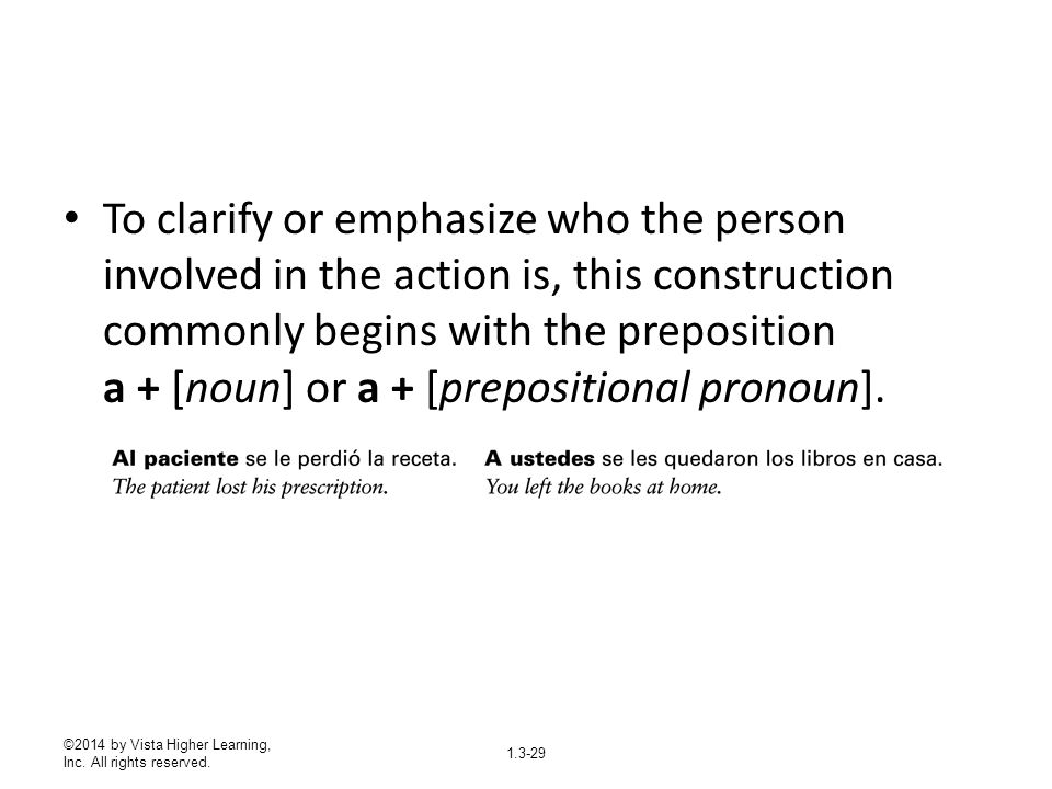 To clarify or emphasize who the person involved in the action is, this construction commonly begins with the preposition a + [noun] or a + [prepositional pronoun].
