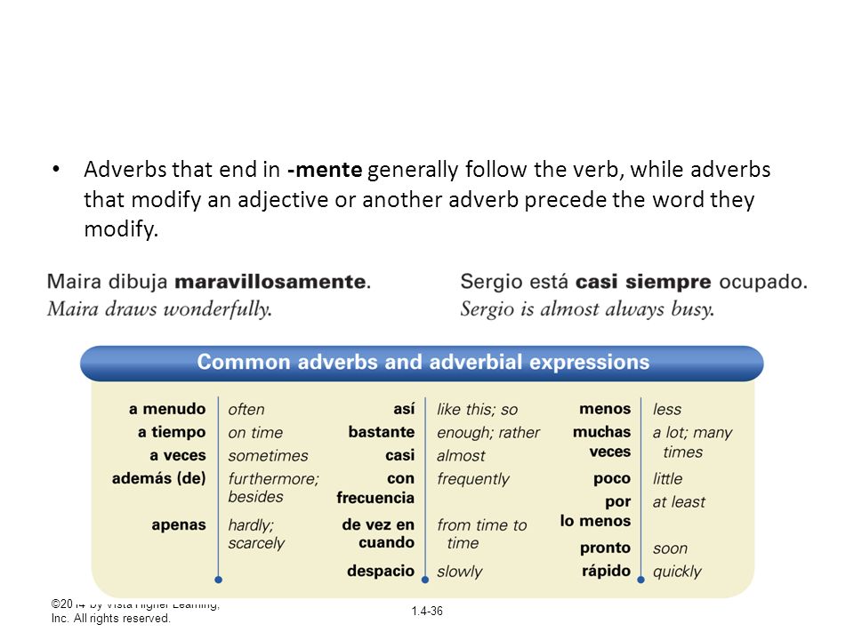 Adverbs that end in -mente generally follow the verb, while adverbs that modify an adjective or another adverb precede the word they modify.