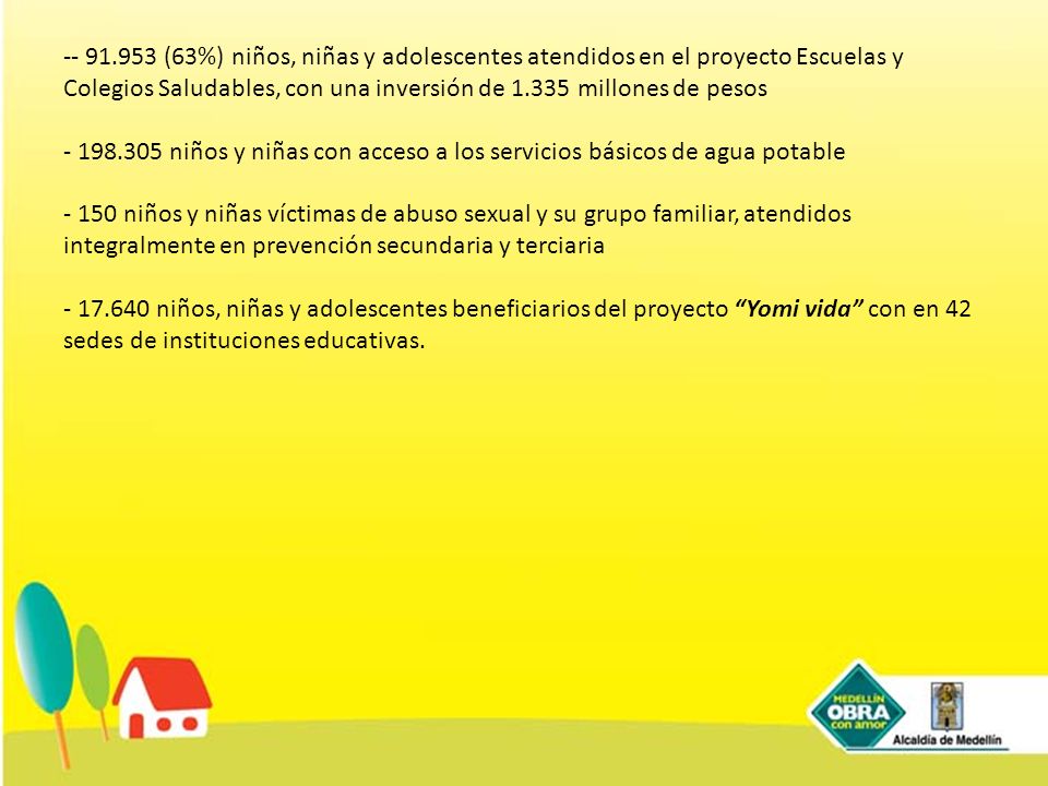 (63%) niños, niñas y adolescentes atendidos en el proyecto Escuelas y Colegios Saludables, con una inversión de millones de pesos