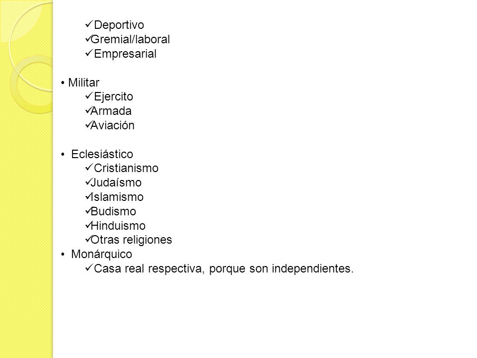 Deportivo Gremial/laboral. Empresarial. Militar. Ejercito. Armada. Aviación. Eclesiástico. Cristianismo.