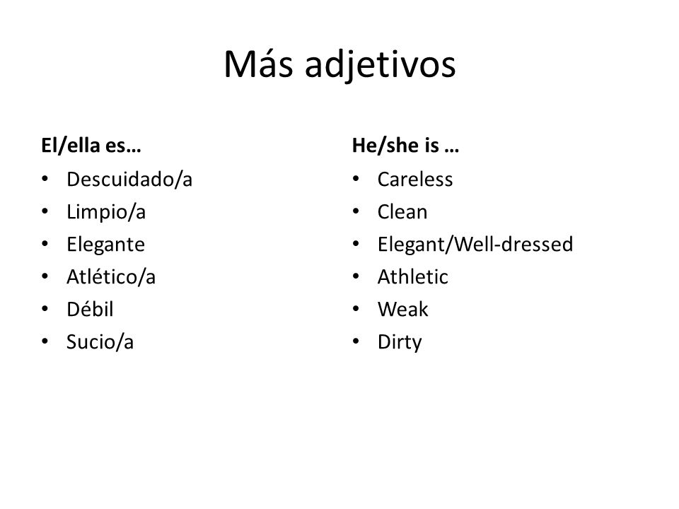 Más adjetivos El/ella es… He/she is … Descuidado/a Limpio/a Elegante