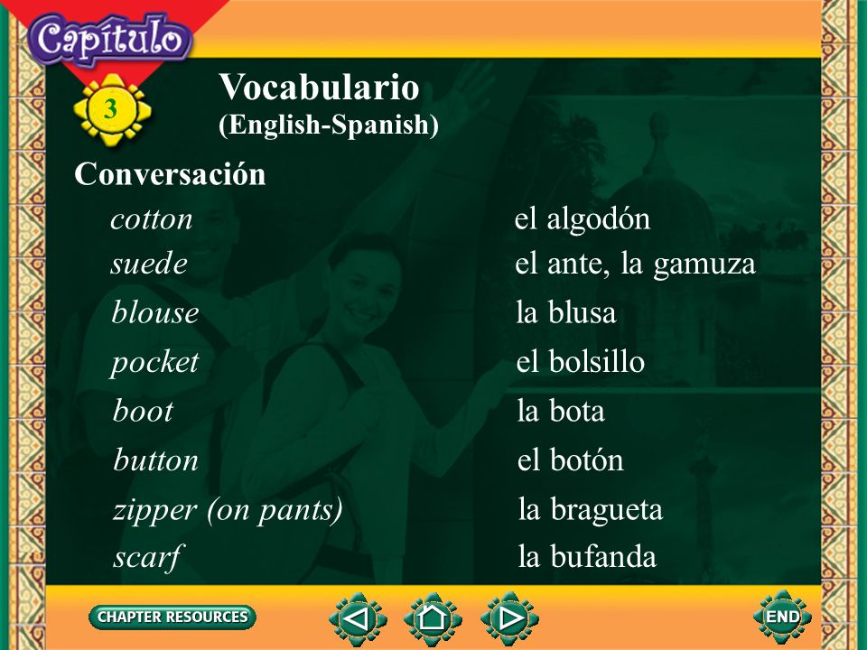 Vocabulario Conversación cotton el algodón suede el ante, la gamuza