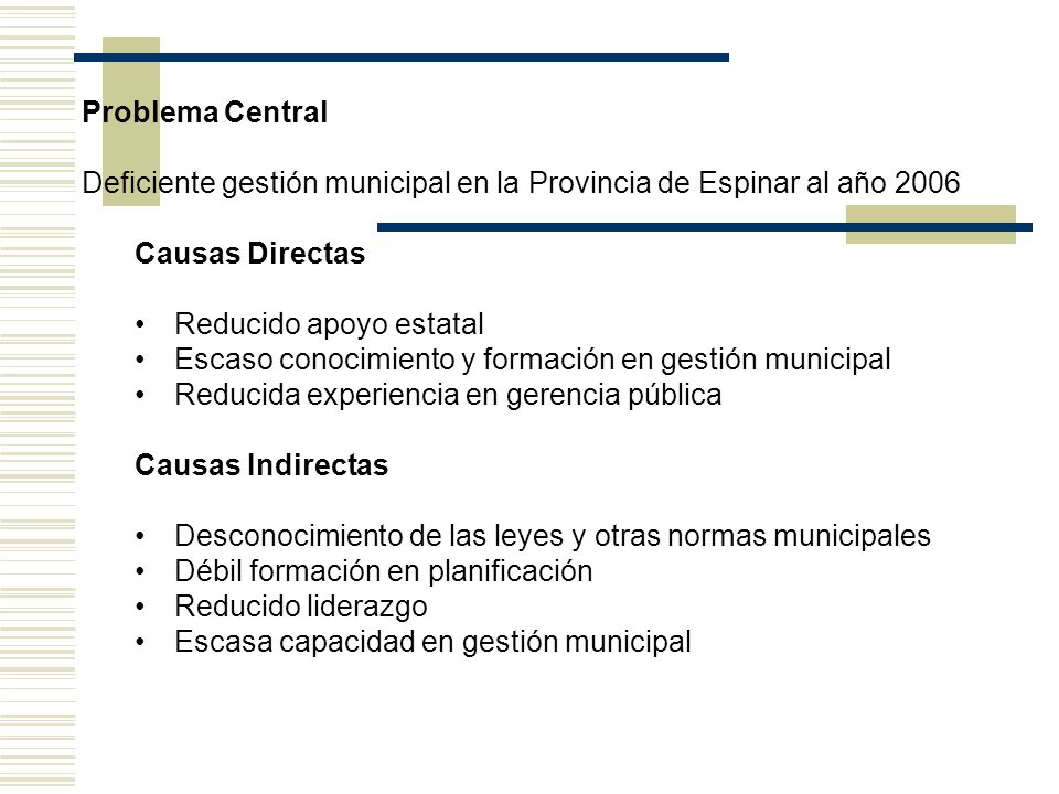 Problema Central Deficiente gestión municipal en la Provincia de Espinar al año Causas Directas.