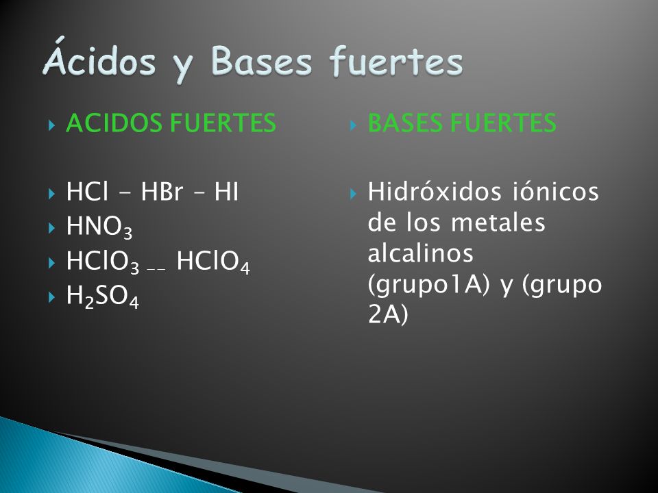 Ácidos y Bases fuertes ACIDOS FUERTES HCl - HBr – HI HNO3