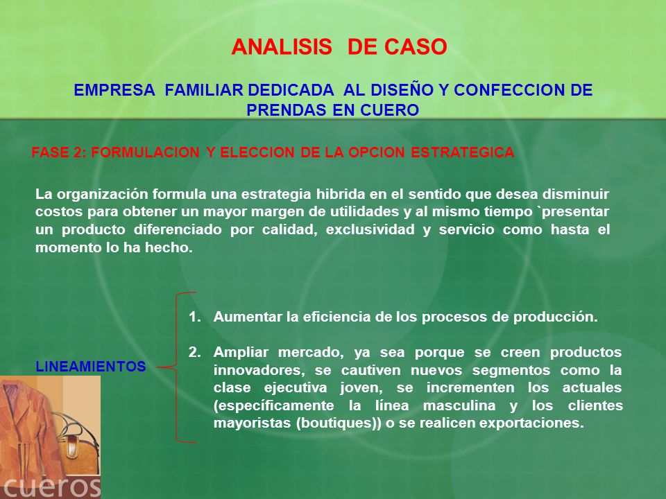 ANALISIS DE CASO EMPRESA FAMILIAR DEDICADA AL DISEÑO Y CONFECCION DE PRENDAS EN CUERO. FASE 2: FORMULACION Y ELECCION DE LA OPCION ESTRATEGICA.