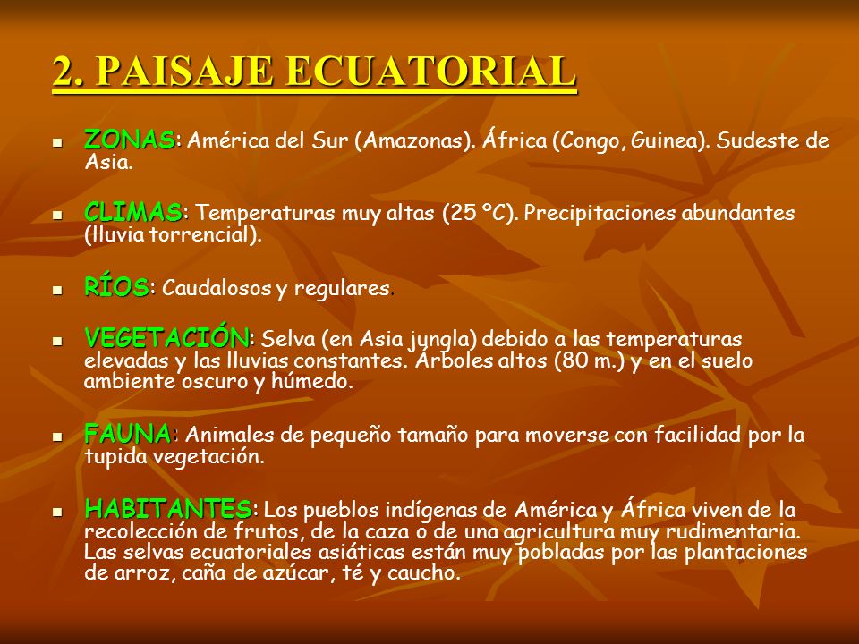 2. PAISAJE ECUATORIAL ZONAS: América del Sur (Amazonas). África (Congo, Guinea). Sudeste de Asia.