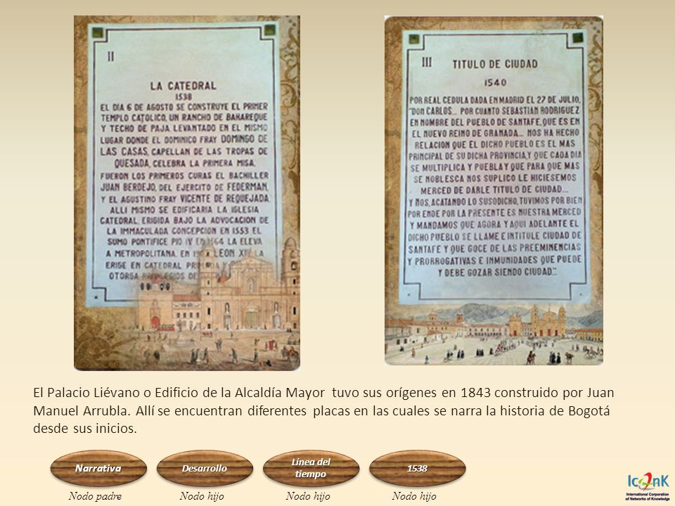 El Palacio Liévano o Edificio de la Alcaldía Mayor tuvo sus orígenes en 1843 construido por Juan Manuel Arrubla. Allí se encuentran diferentes placas en las cuales se narra la historia de Bogotá desde sus inicios.