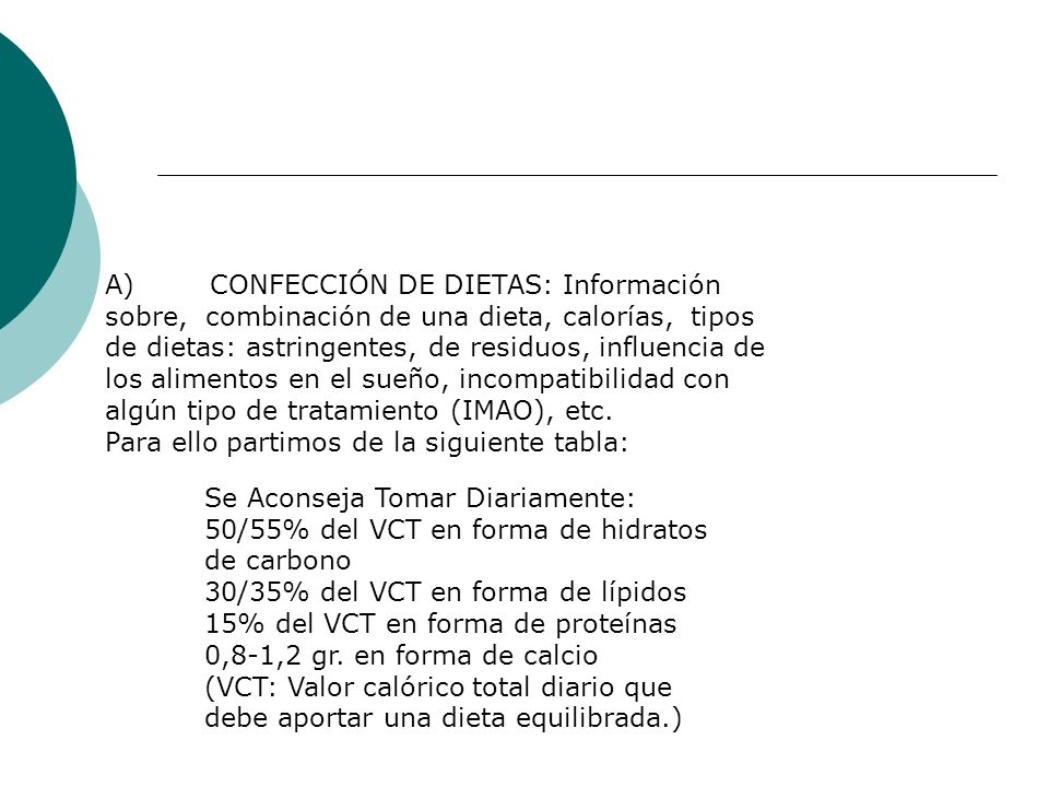 A) CONFECCIÓN DE DIETAS: Información sobre, combinación de una dieta, calorías, tipos de dietas: astringentes, de residuos, influencia de los alimentos en el sueño, incompatibilidad con algún tipo de tratamiento (IMAO), etc.