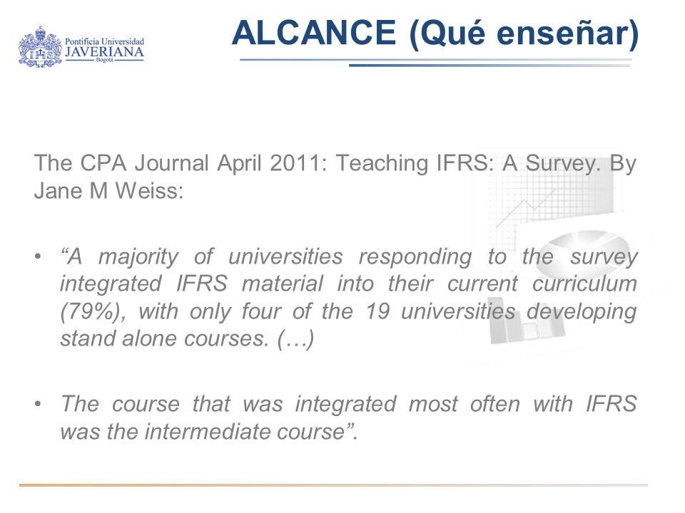 ALCANCE (Qué enseñar) The CPA Journal April 2011: Teaching IFRS: A Survey. By Jane M Weiss: