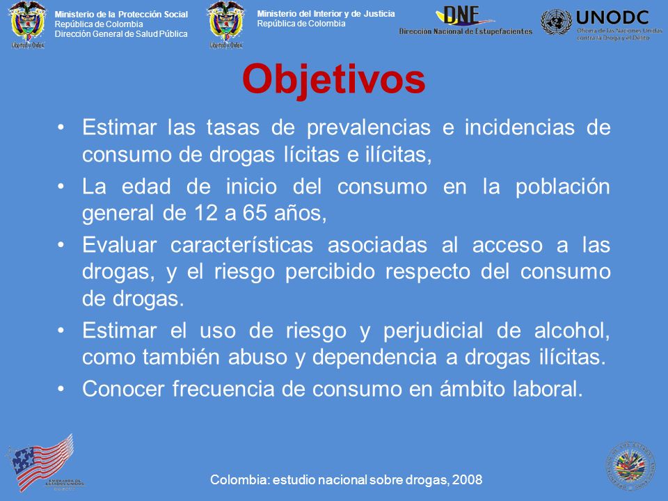 Objetivos Estimar las tasas de prevalencias e incidencias de consumo de drogas lícitas e ilícitas,