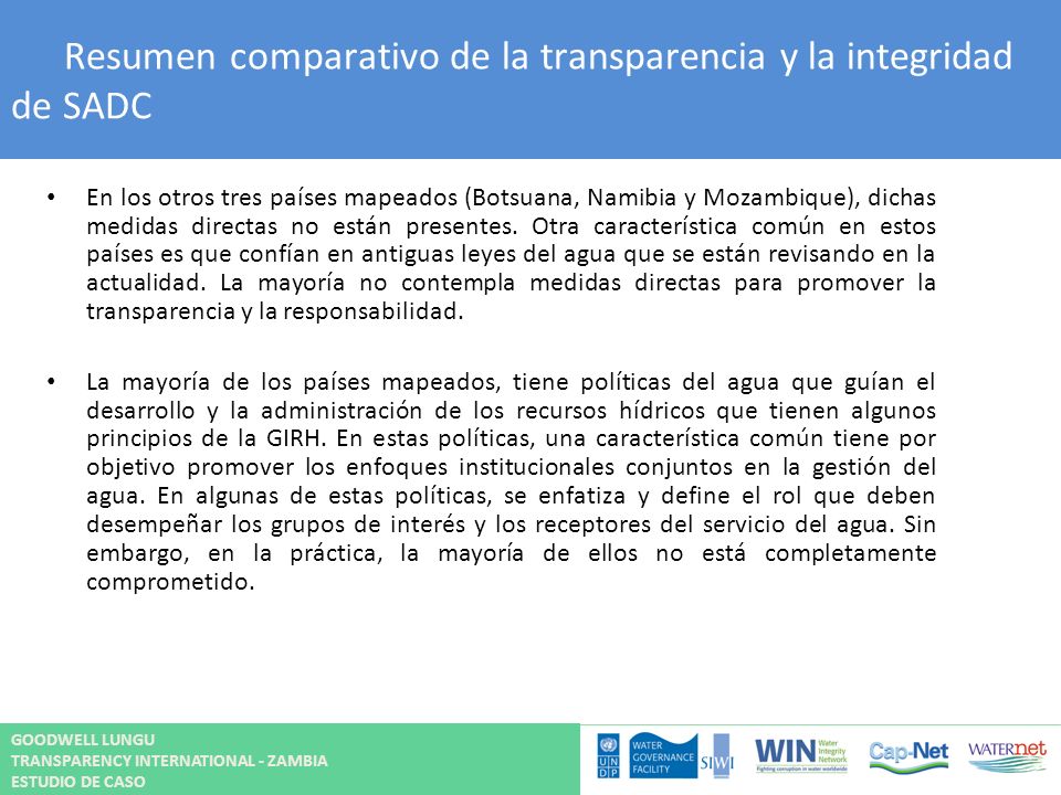 Resumen comparativo de la transparencia y la integridad de SADC