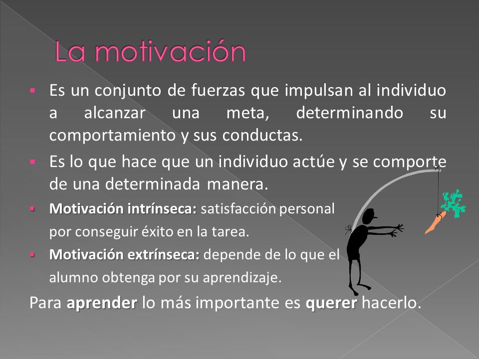 La motivación Es un conjunto de fuerzas que impulsan al individuo a alcanzar una meta, determinando su comportamiento y sus conductas.