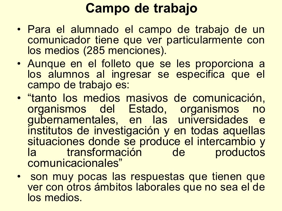 Campo de trabajo Para el alumnado el campo de trabajo de un comunicador tiene que ver particularmente con los medios (285 menciones).