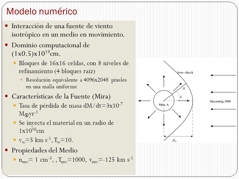 Modelo numérico Interacción de una fuente de viento isotrópico en un medio en movimiento. Dominio computacional de (1x0.5)x1019cm.