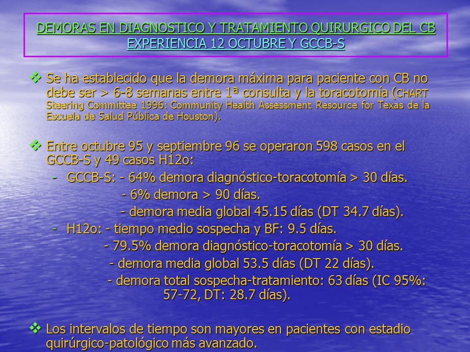 DEMORAS EN DIAGNOSTICO Y TRATAMIENTO QUIRURGICO DEL CB EXPERIENCIA 12 OCTUBRE Y GCCB-S