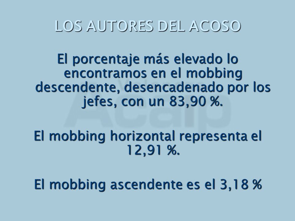 LOS AUTORES DEL ACOSO El porcentaje más elevado lo encontramos en el mobbing descendente, desencadenado por los jefes, con un 83,90 %.
