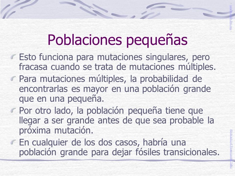 Poblaciones pequeñas - newmanlib.ibri.org - Esto funciona para mutaciones singulares, pero fracasa cuando se trata de mutaciones múltiples.