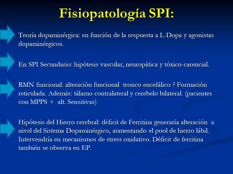 Fisiopatología SPI: Teoría dopaminérgica: en función de la respuesta a L-Dopa y agonistas dopaminérgicos.