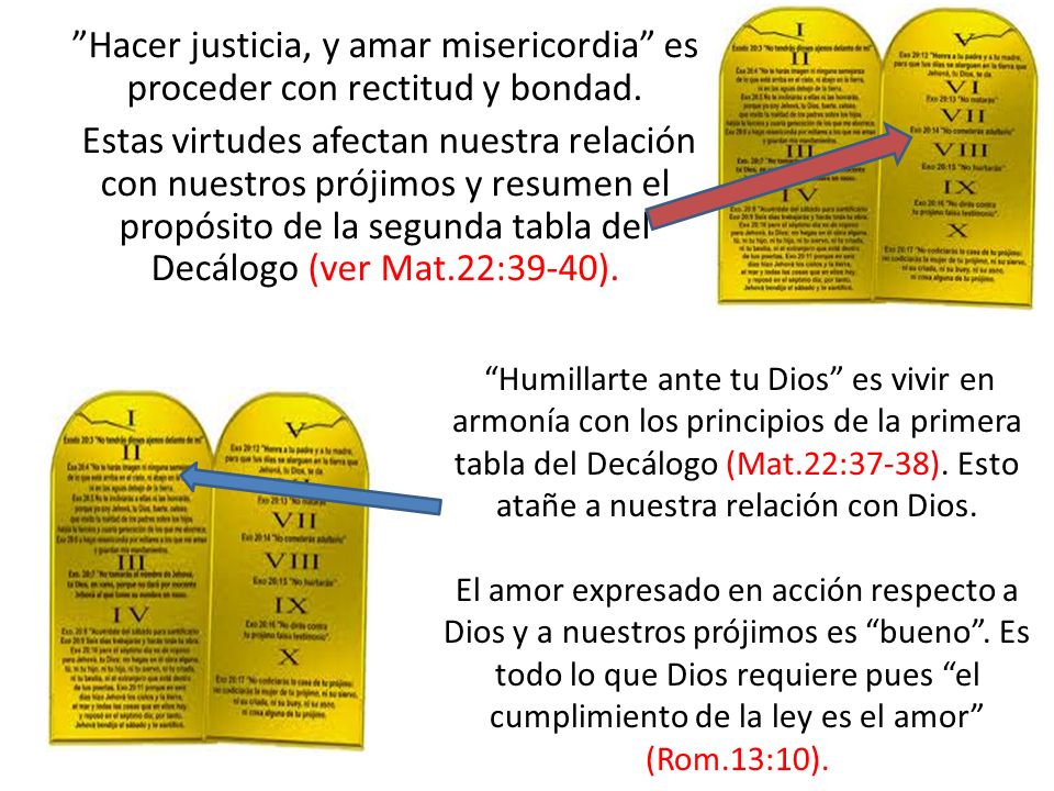 Hacer justicia, y amar misericordia es proceder con rectitud y bondad. Estas virtudes afectan nuestra relación con nuestros prójimos y resumen el propósito de la segunda tabla del Decálogo (ver Mat.22:39-40).