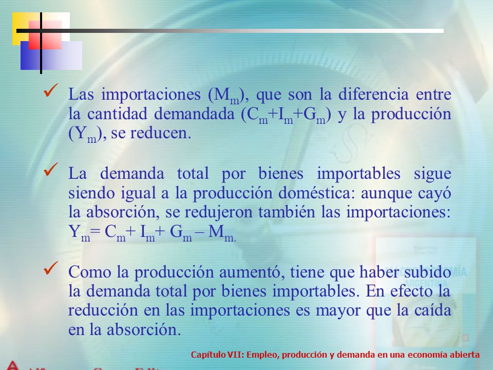 Las importaciones (Mm), que son la diferencia entre la cantidad demandada (Cm+Im+Gm) y la producción (Ym), se reducen.