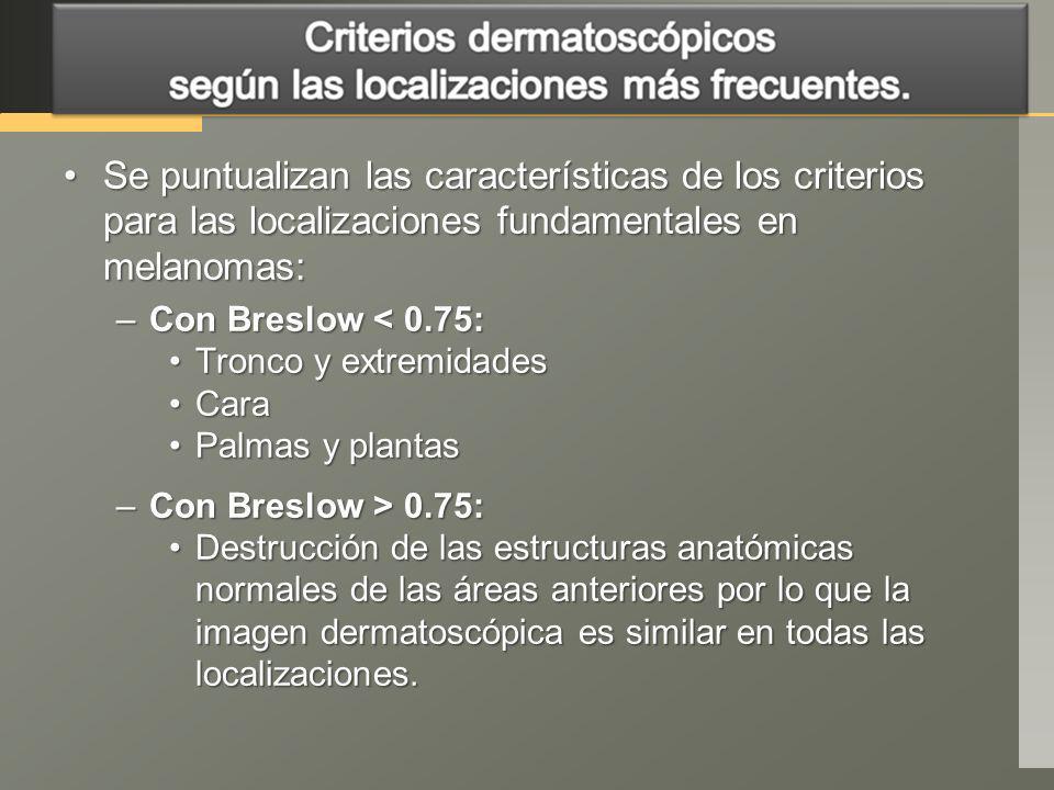 Se puntualizan las características de los criterios para las localizaciones fundamentales en melanomas: