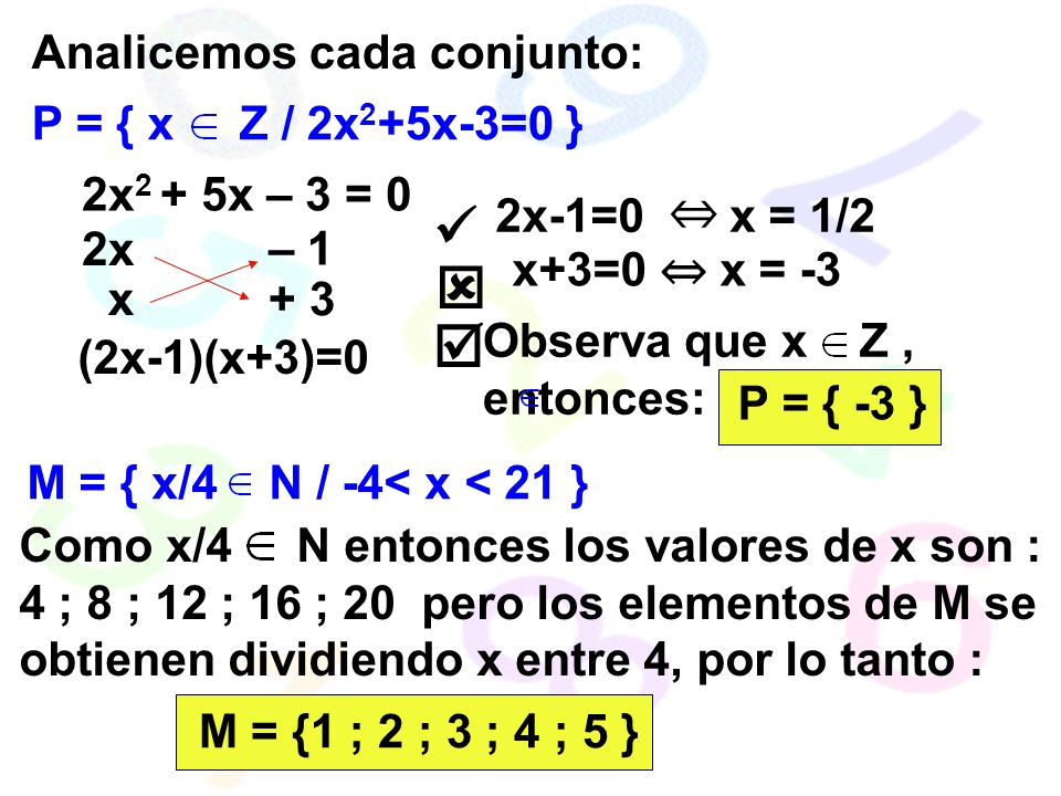    Analicemos cada conjunto: P = { x Z / 2x2+5x-3=0 }