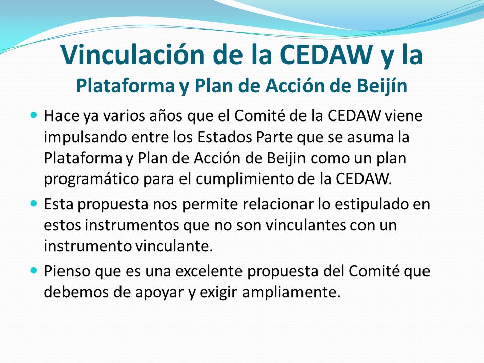 Vinculación de la CEDAW y la Plataforma y Plan de Acción de Beijín