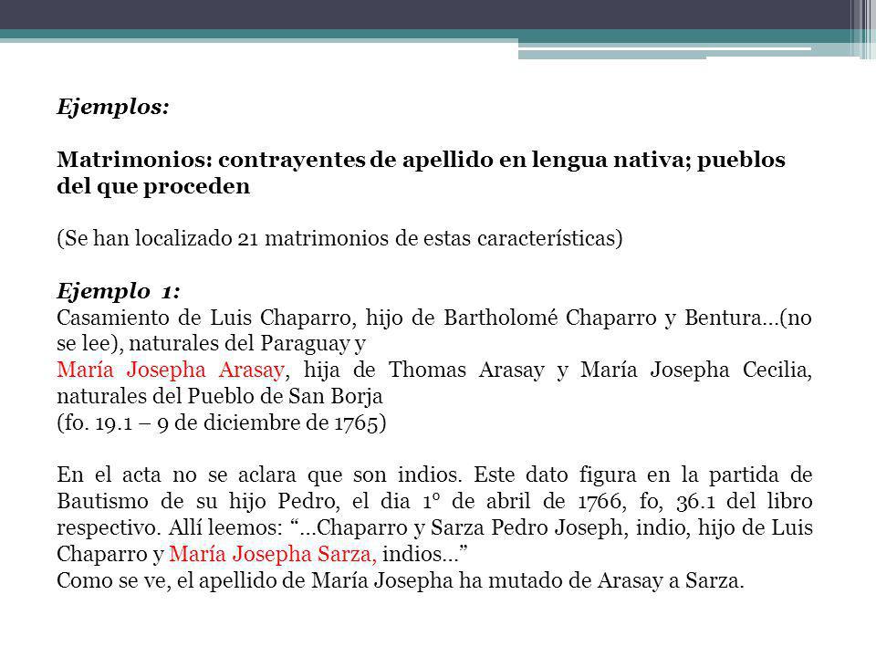 Ejemplos: Matrimonios: contrayentes de apellido en lengua nativa; pueblos del que proceden.