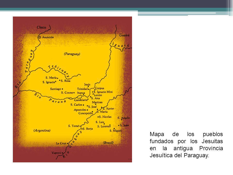 Mapa de los pueblos fundados por los Jesuitas en la antigua Provincia Jesuítica del Paraguay.