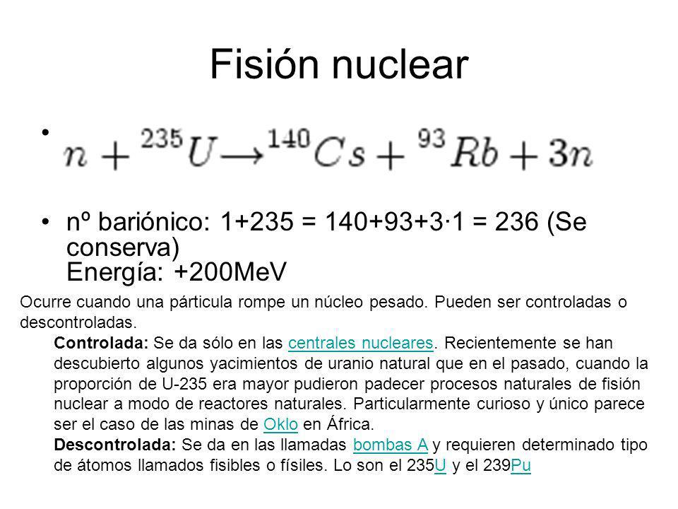 Fisión nuclear nº bariónico: = ·1 = 236 (Se conserva) Energía: +200MeV.